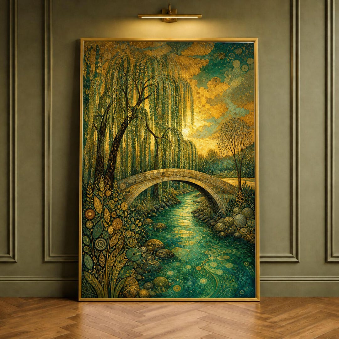 Gustav Klimt Inspired Canvas Print, Golden Nature Scene With Bridge ...