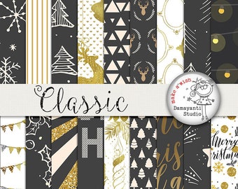 Christmas papers, Digital papers, New Years Seamless Patterns, Planner Sticker, Gold Glitter, Black, White, Glam Party backgrounds, Glitter