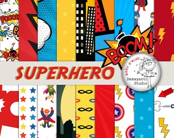 SUPERHERO SCRAPBOOK PAPER, Superhero Paper, Party Paper, Superhero Birthday, Superman Comics, Cartoons, Comic Book, Action Words, stickers