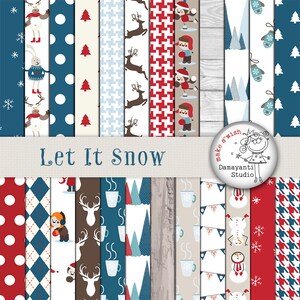 Let it snow Winter Digital Papers, Winter Chill Papers, Winter Background, blue red christmas patterns /Xmas Holiday /Christmas backgrounds