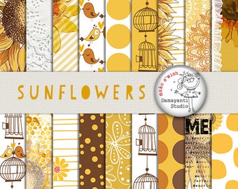 Sonnenblumen Digitales Papier, Gelbe Blumen Druckbare, Sonnenblume Hintergrund, braune Papiere, Punkt gelb, Herbst Sonne Blume, Sommer Sonnenblume Muster