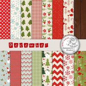 May include: A set of 12 digital paper patterns featuring Christmas themes, including snowflakes, Christmas trees, candy canes, and snowmen. The patterns are in red, green, white, and blue colours. The text "December" is written in red letters at the top of the image. The text "make a wish" is written in a circle with a cartoon girl in the centre. The text "Damayanti Studio" is written below the circle.