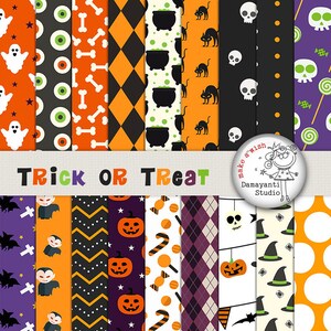 Könnte beinhalten: Ein Set mit 12 digitalen Papieren mit Halloween-Motiven. Die Papiere enthalten Muster von Geistern, Kürbissen, Süßigkeiten, Schädeln, Fledermäusen und vielem mehr. Die Papiere sind in verschiedenen Farben gehalten, darunter Orange, Schwarz, Lila und Grün. Die Papiere eignen sich perfekt zum Erstellen von Halloween-Bastelarbeiten, Karten und Dekorationen.