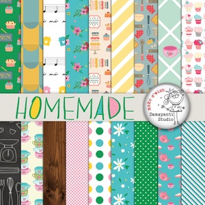 Puede incluir: Un conjunto de 16 patrones de papel digital con una variedad de diseños, que incluyen lunares, rayas, patrones florales y patrones con temática de cocina. Los papeles están en una paleta de colores pastel de rosa, azul, verde y amarillo. El texto "HOMEMADE" está escrito en la parte superior de la imagen. El texto "make a wish Damayanti Studio" está escrito en un círculo en la esquina inferior derecha de la imagen.