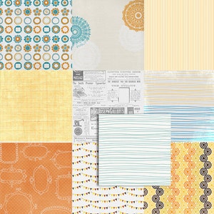 May include: A digital collage of 10 different patterns and textures. The patterns include circles, stripes, and frames. The textures include a newspaper clipping, a vintage lace pattern, and a yellow and white striped pattern.