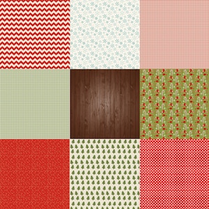 May include: A digital collage of nine different Christmas patterns. The patterns include red and white chevron, red and white gingham, green and white gingham, red and white polka dots, green and white Christmas trees, brown wood grain, and a green pattern with red birds, candy canes, and holly.