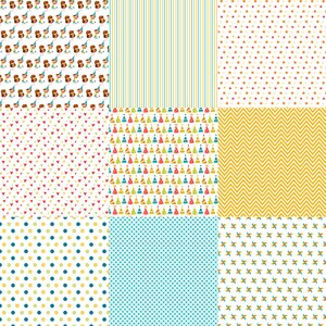 May include: Nine different patterns in a grid. The patterns include stripes, polka dots, hearts, stars, party hats, zigzags, and pinwheels. The colors are yellow, blue, red, green, and white.