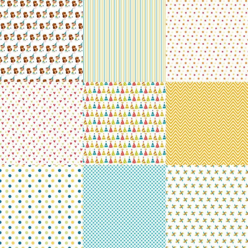 May include: Nine different patterns in a grid. The patterns include stripes, polka dots, hearts, stars, party hats, zigzags, and pinwheels. The colors are yellow, blue, red, green, and white.