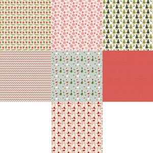 May include: A digital paper pack featuring 10 festive Christmas patterns. The designs include red and green holly, snowflakes, Christmas trees, and candy canes.