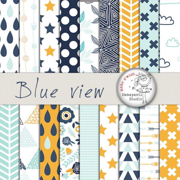 Yellow and Navy, Blue view Digital Paper - YELLOW AND BLUE, dots paper,  doodle paper, rain paper, geometric paper, clouds, planner stickers