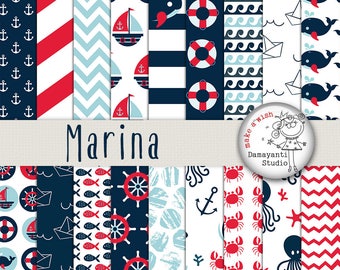 Nautical Papers, Marina papers, Sea papers, Ocean paper, Blue papers, red papers, planner sticker papers, octopus, fish, anchor, crab, craft