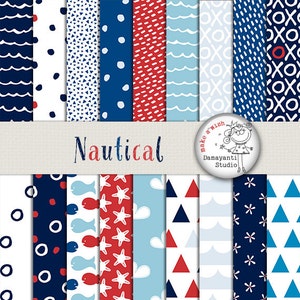 Nautical digital paper anchor digital paper coastal digital paper navy blue red chevron anchor wavy coral seashells stripes sea pattern