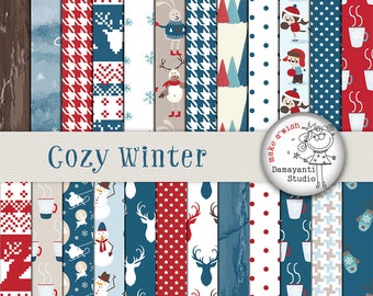 Cozy winter papers, Digital papres, Christmas papers, Red blue papers, wooden papers, dots papers, Sweater Digital Paper Winter Knits, Snow