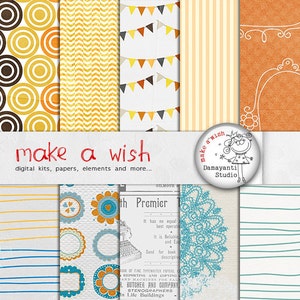 May include: A digital paper pack with a variety of patterns, including circles, chevron, flags, stripes, and lace. The paper pack is titled "Make a Wish" and includes the text "digital kits, papers, elements and more..." and "Damayanti Studio".