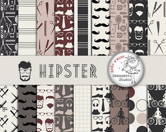 Hipster digital papers, Mustache Scrapbook Paper, Hipster Pattern, Digital Background, Scrapbook Paper, Printable Paper, father papers