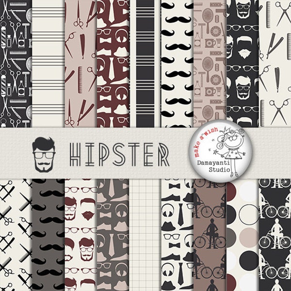 Hipster digital papers, Mustache Scrapbook Paper, Hipster Pattern, Digital Background, Scrapbook Paper, Printable Paper, father papers
