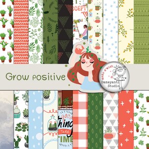 Grow positive, Planner Papers, Scrapbook Paper Pack, Digital Papers, Floral Digital Paper, Botanic Garden, Wedding, Invitatio