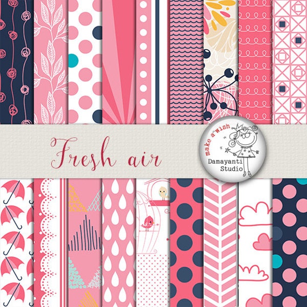 Pink, navy, fresh air digital papers, dots paper, umbrella paper, doodle paper, rain paper, geometric paper, clouds, planner stickers