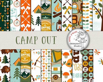 Camping Digital Papers, great outdoors papers, camping scrapbook papers, forest background, travel papers, wood paper, camfipre paper, green