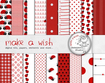 Ladybug digital papers, Red & Black Chevron, Gingham, Ladybug Themed Patterns, Instand Download, Planner stickers