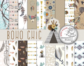 Boho Chic bigital paper, craft, invitation, wedding