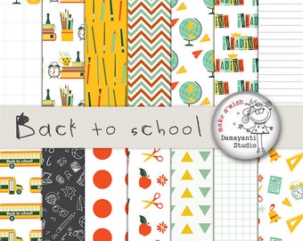 Back to School Digital Paper, Fall Paper, Chalkboard Doddles, Teacher Digi Paper, School Bus, First Day of School, Planner Stickers, Book