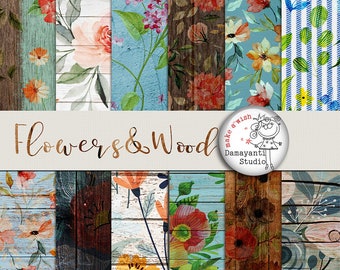 Papiers numériques Flowers&Wood, motifs en bois, motifs de fleurs