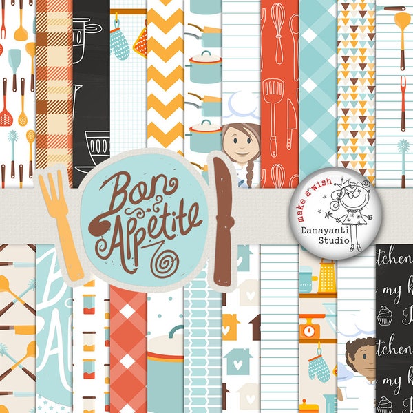 Bon appetite, Food papers, Kitchen papers, retro kitchen digital paper, scrapbook paper, scrapbooking, Bakery Paper, Cooking Paper