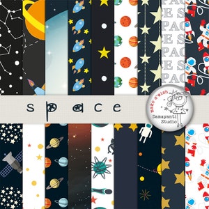 Ruimtepapierpakket, ruimte digitaal papier, astronautenfeestpapier, plakboekpapier, raket, ruimte, sterren, maan, melkweg, planeten, aarde