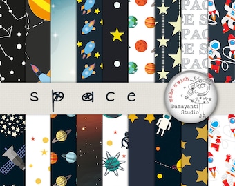 Space paper pack, space digital paper, astronaut party paper, scrapbook paper, rocket, outer space,  Stars, Moon, Galaxy, planets, Earth