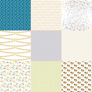 May include: A set of nine digital paper patterns featuring various designs, including polka dots, stripes, confetti, and flags. The patterns are in a variety of colors, including blue, green, pink, yellow, and white.