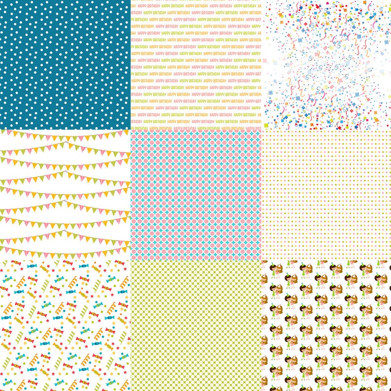 May include: A set of nine digital paper patterns featuring various designs, including polka dots, stripes, confetti, and flags. The patterns are in a variety of colors, including blue, green, pink, yellow, and white.