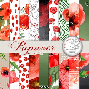 Carta digitale a fiore di papavero, carta a motivi geometrici, fiori ad acquerello, motivo senza cuciture, carta per papaveri, carta da scrapbooking, motivi floreali, rosso