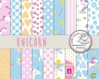 Unicorn digital papers, heart papers, pink papers, crown papers, blue papers, yellow papers, planer sticker papers, fairy, plaid papers