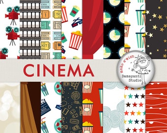 Cinema Digital Paper, Movie Theater scrapbook backgrounds, Film Camera, Popcorn, Director, Oscar Awards,  Planer sticker pp