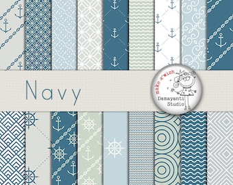 Nautical digital paper anchor digital paper coastal digital paper navy blue red chevron anchor wavy coral seashells stripes sea pattern