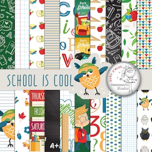 School is cool, Back to school, School digital paper, Classroom scrapbook paper, Animal school paper, Planner sticker paper, printable paper