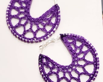 Tall clip back empower People Purple crochet earrings 50mm