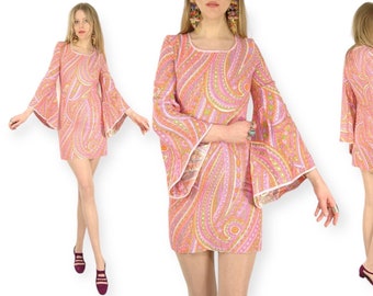 Vtg 60s Terrycloth Bell Sleeve Psychedelic Mini Dress