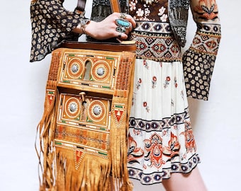 Vintage 1970s Moroccan Fringe Bag • Amazigh Berber Style • Tooled Leather Satchel • Bohemian Artisan • Statement Purse