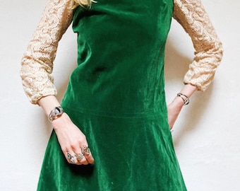 Vintage 1960s Emerald Velvet Mini Dress • Swedish Martinette • A-Line Drop Waist Pinafore • Cotton Rayon • Mod Forest Green