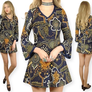 Vtg 60s Psychedelic Bell Sleeve Mini Dress