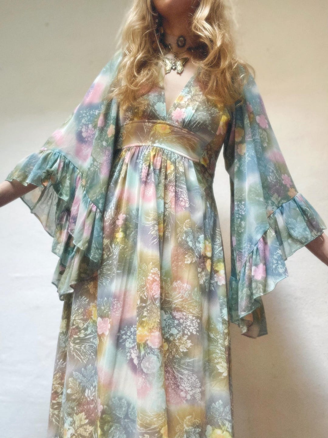 70’s Beige Multicolor Pastel Floral Print Dress by Rothschild main image 0