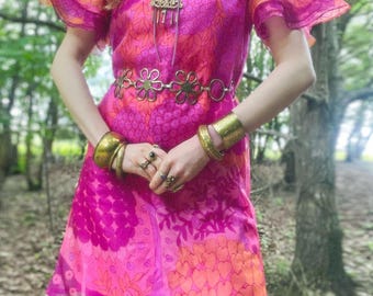 Vtg 60s Jönells Psychedelic Mini Dress • Sheer Organza • Magenta + Orange Print • Flutter Sleeves • Go-Go Mod Dress • Sweden Label