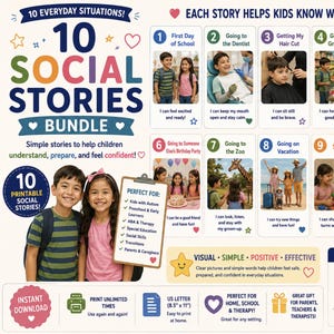 Peut inclure: Un ensemble de 10 histoires sociales comprenant du matériel éducatif imprimable pour enfants. La mise en page présente dix cartes numérotées avec des photos et du texte décrivant des situations quotidiennes, ainsi que des instructions.