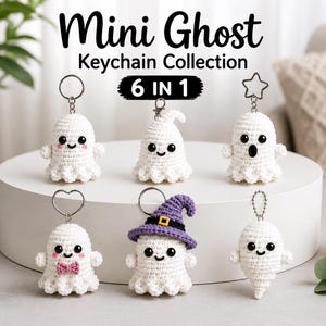 May include: Six white crocheted ghost keychains with black eyes and various accessories including a purple witch hat, a pink bow tie, and different metal ring attachments. The text reads Mini Ghost Keychain Collection 6 IN 1.