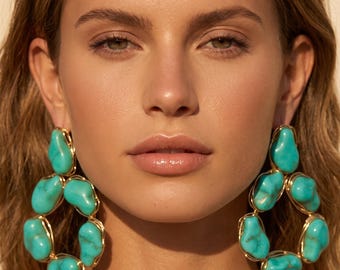 Chunky Faux Turquoise Cluster Earrings, Gold Wire Wrapped Boho Chandelier Style