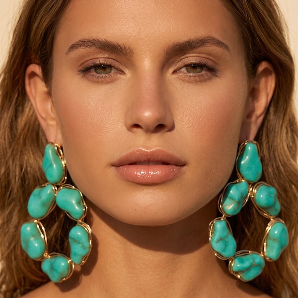 Chunky Faux Turquoise Cluster Earrings, Gold Wire Wrapped Boho Chandelier Style