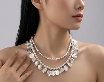 Silver Layered Hammered Disc Necklace, Boho Statement Jewelry, Artisan Style Gift