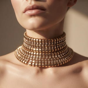 May include: A wide gold-toned choker necklace featuring multiple horizontal rows of curved metal links interspersed with small, clear, square-cut rhinestones. The design consists of four stacked bands that wrap around the neck in a structured, layered formation.